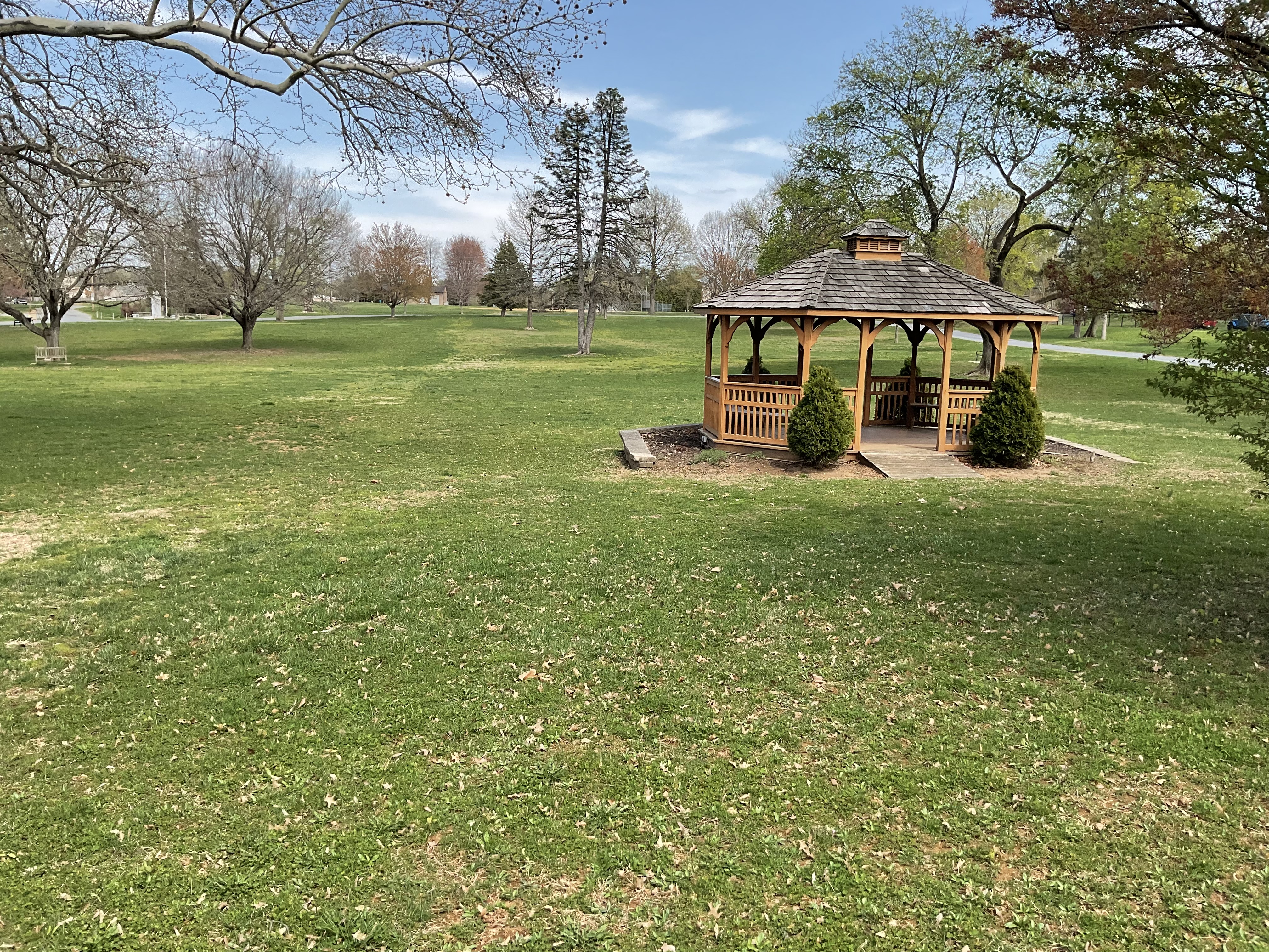Park with green grass and gazebo