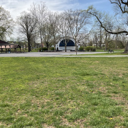 View of grass and paved section of the park. Pavilion on the left and a large tree on the right. A building in the center in the distance with trees in front.