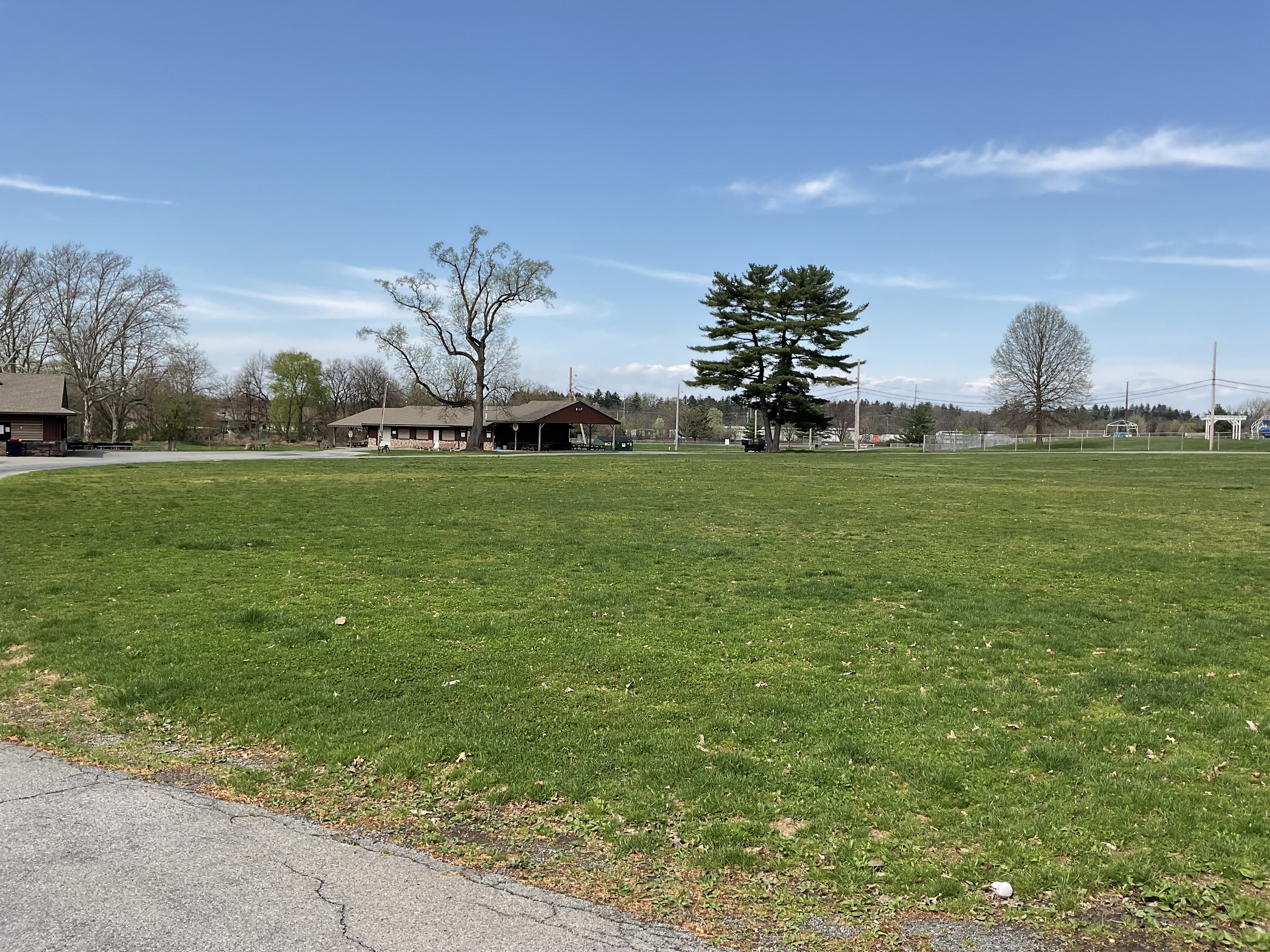 View of a grassy park with buildings and trees in the distance. Blue sky with a few clouds.