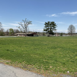 View of a grassy park with buildings and trees in the distance. Blue sky with a few clouds.